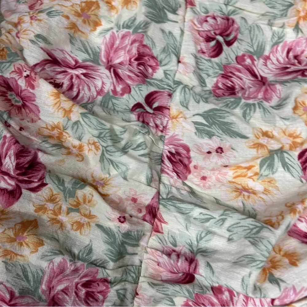 American Eagle Women’s Small CottonLinen Ruched Smocked Puff Sleeve Floral Dress